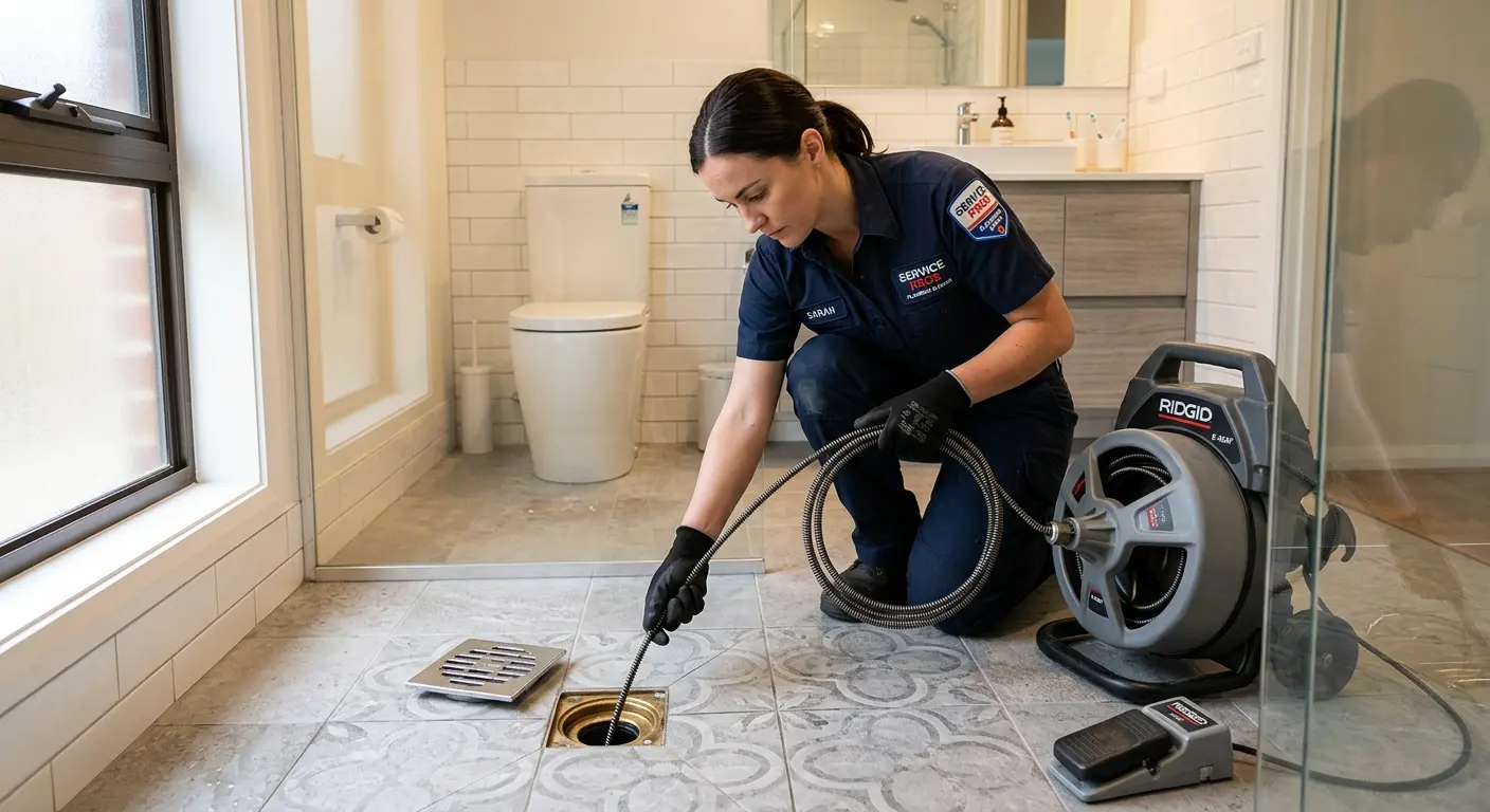 Technician clearing a bathroom floor drain for Drain Cleaning in Victor